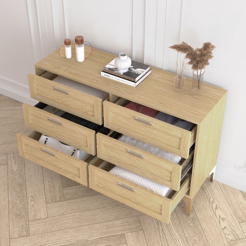 Limited edition light oak six-drawer dresser by Anthony & Home with polished silver legs, showcasing sleek engineered wood design.