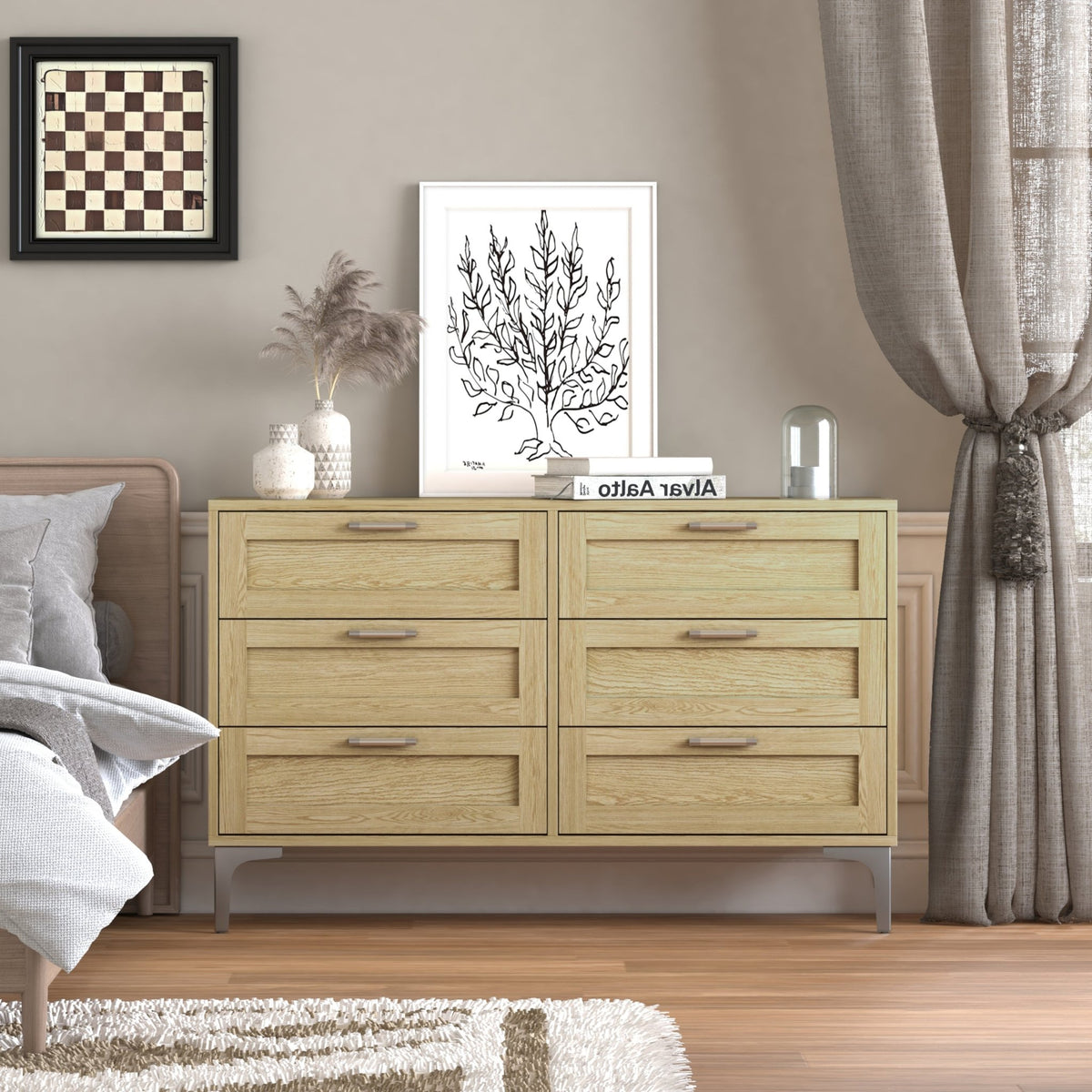 Limited edition six-drawer dresser in light oak engineered wood with polished silver legs by Anthony & Home.