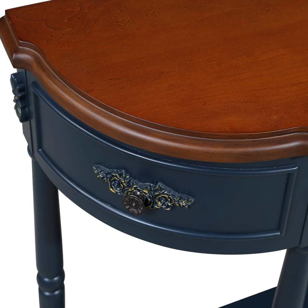 Anthony & Home navy blue solid pine retro console table with curved design and warm brown-toned top, limited edition furniture piece.