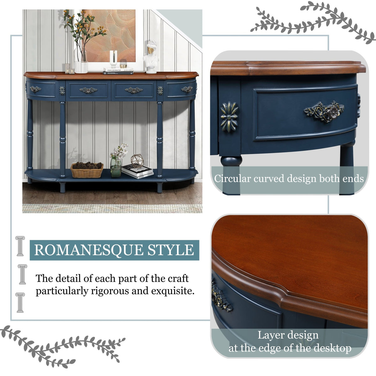 Anthony & Home limited edition solid pine retro curved console table in navy blue with warm brown-toned top, showcasing its stylish design.