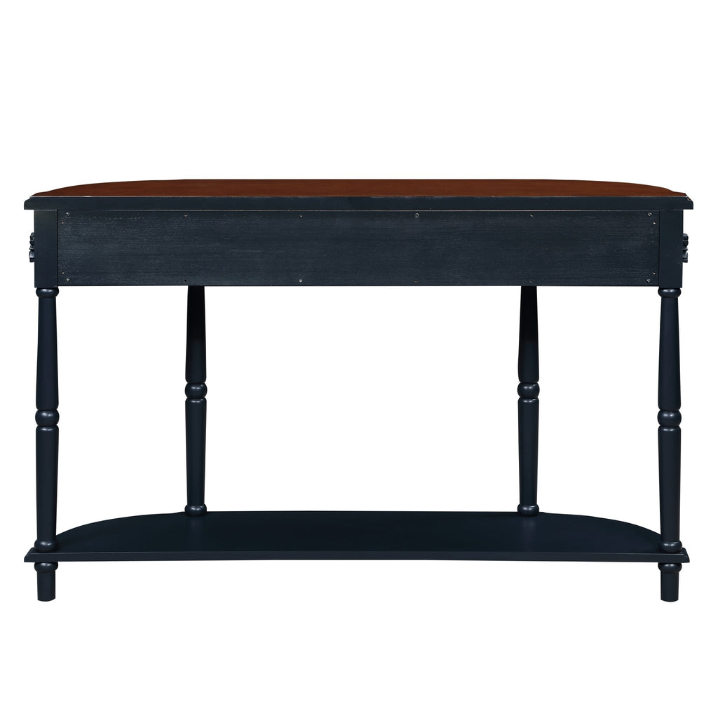 Anthony & Home limited edition solid pine retro curved console table in navy blue with warm brown-toned top, showcasing elegant design.
