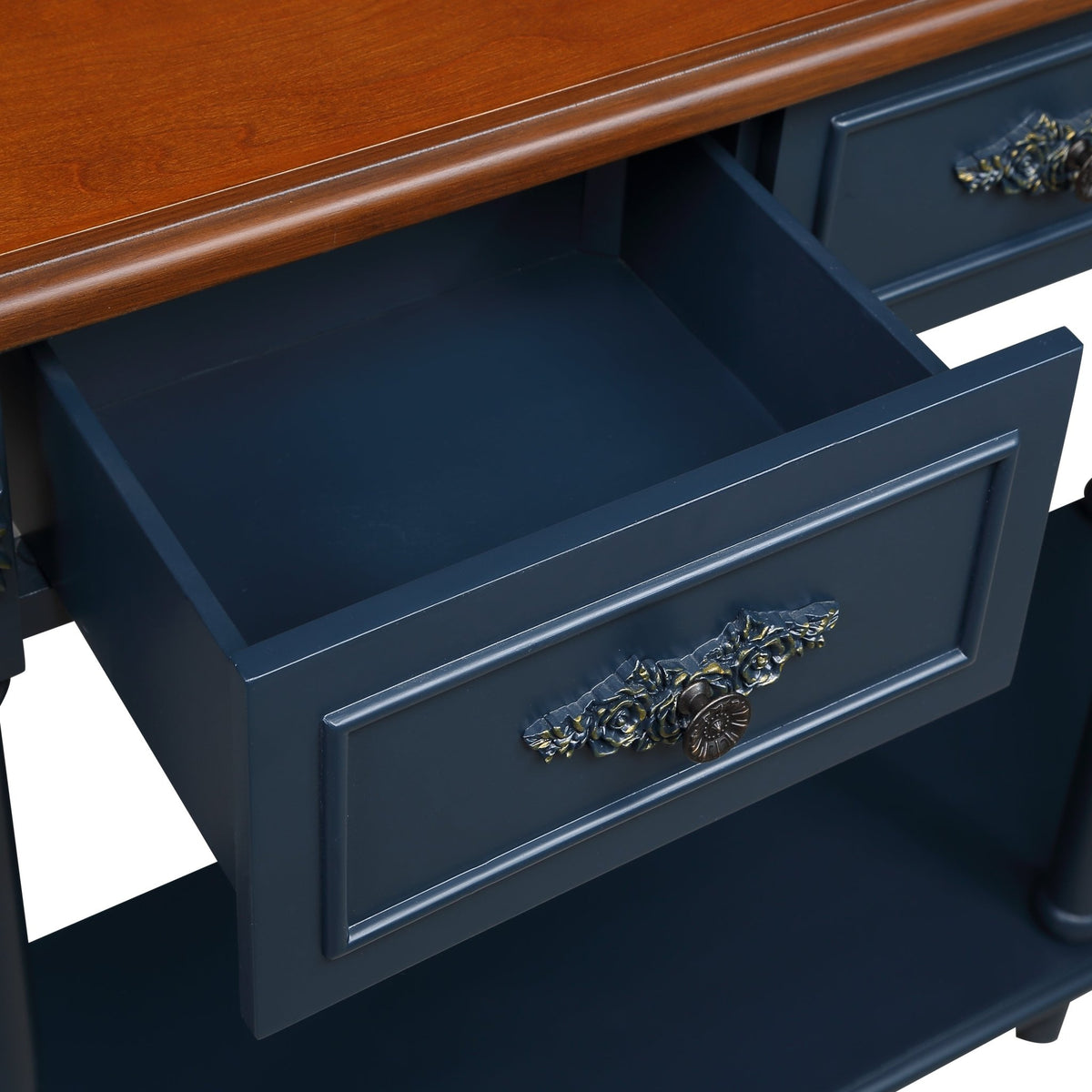 Anthony & Home navy blue solid pine retro curved console table with warm brown-toned top, vintage style furniture.