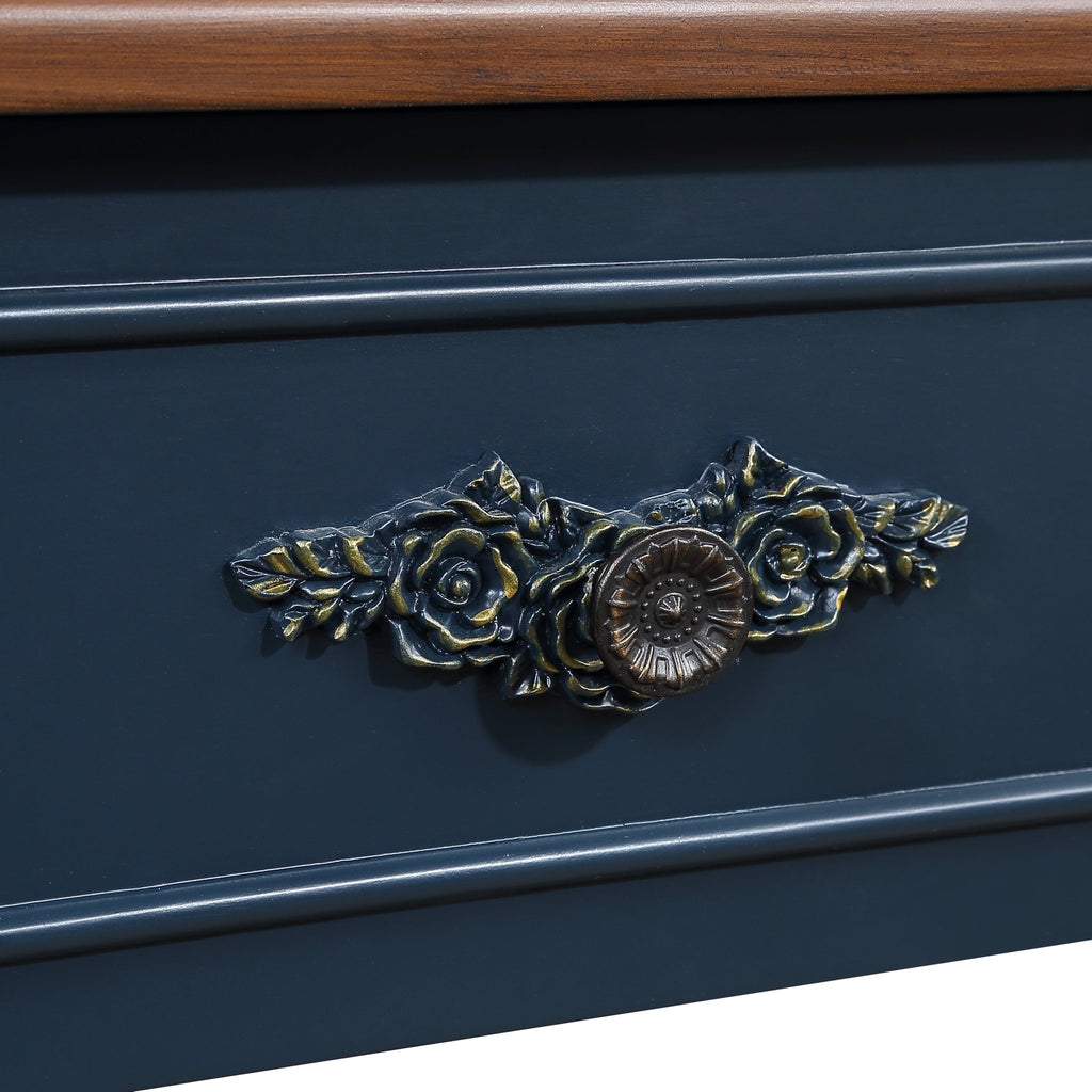 Anthony & Home limited edition solid pine retro curved console table in navy blue with warm brown-toned top, showcasing a stylish design.