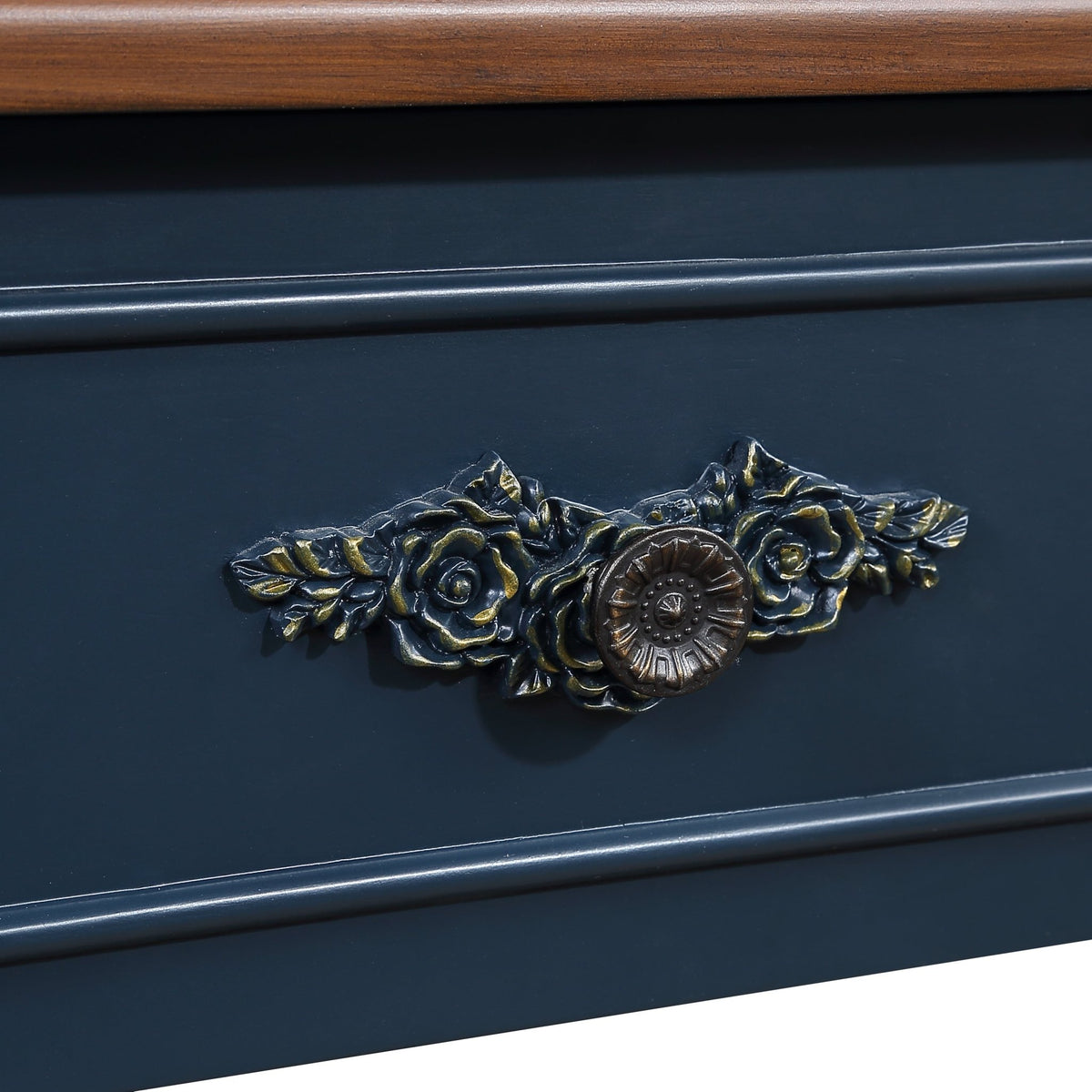 Anthony & Home limited edition solid pine retro curved console table in navy blue with warm brown-toned top, showcasing a stylish design.