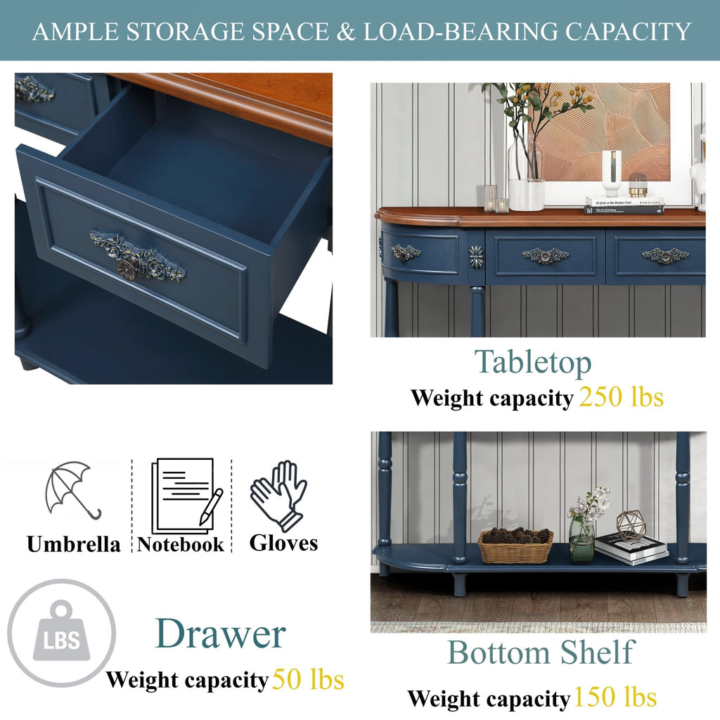Anthony & Home limited edition solid pine retro curved console table in navy blue with warm brown-toned top, showcasing a stylish design.