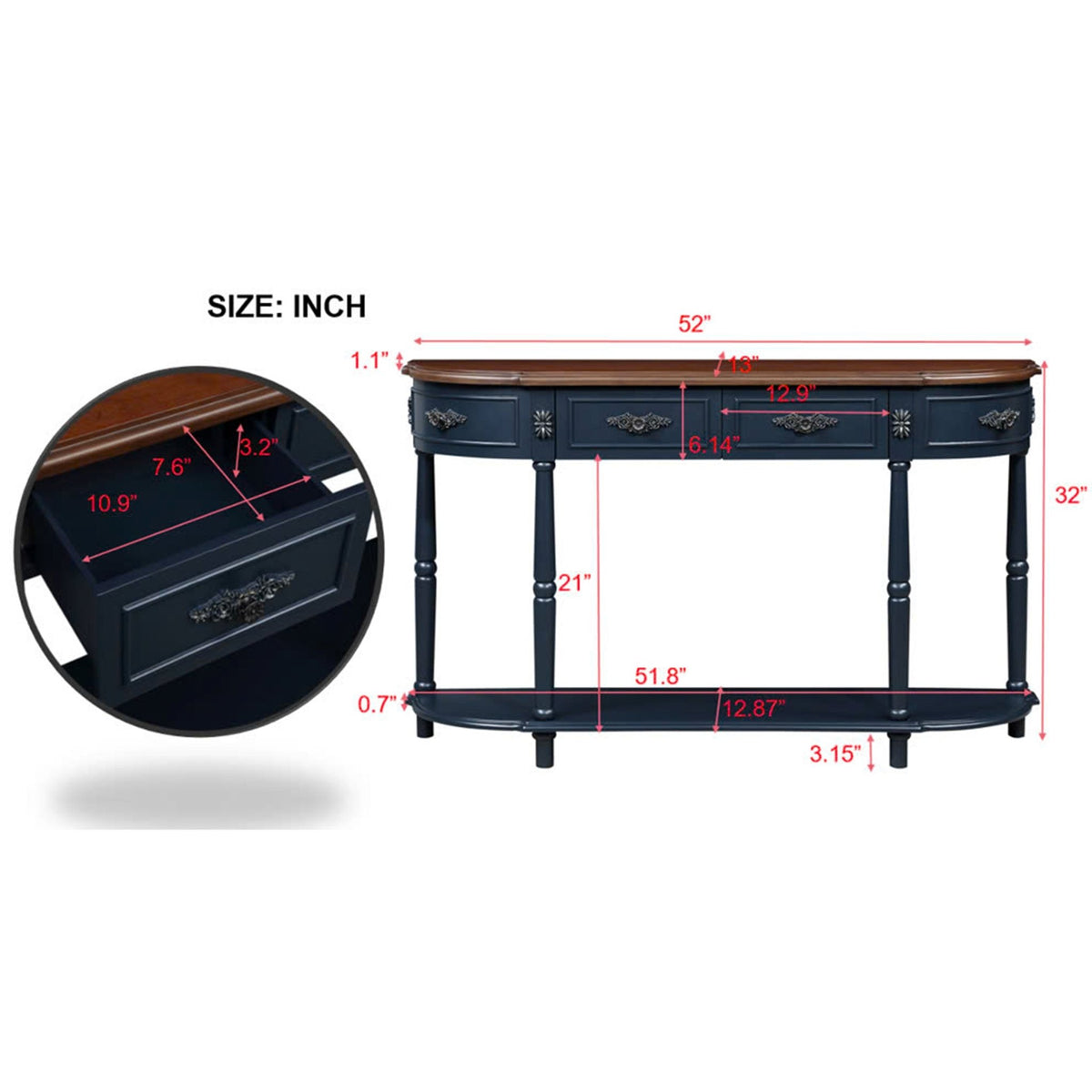 Anthony & Home navy blue retro solid pine console table with curved design and warm brown-toned top, stylish and functional furniture piece.