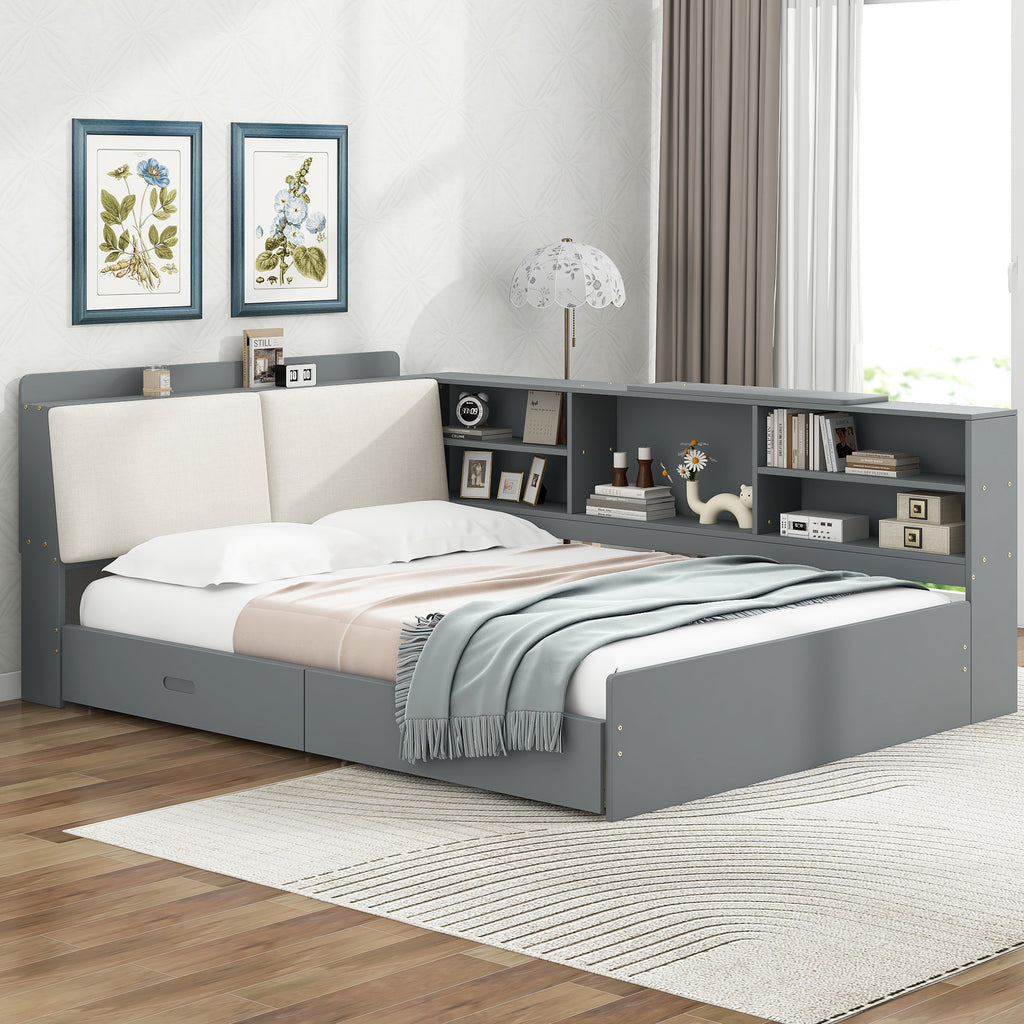 Solid wood platform bed with storage drawers from Anthony & Home, showcasing a modern design and natural wood finish.