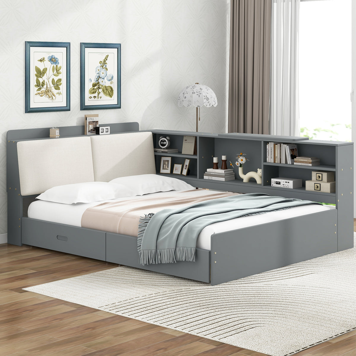 Solid wood platform bed with storage drawers from Anthony & Home, showcasing a modern design and natural wood finish.