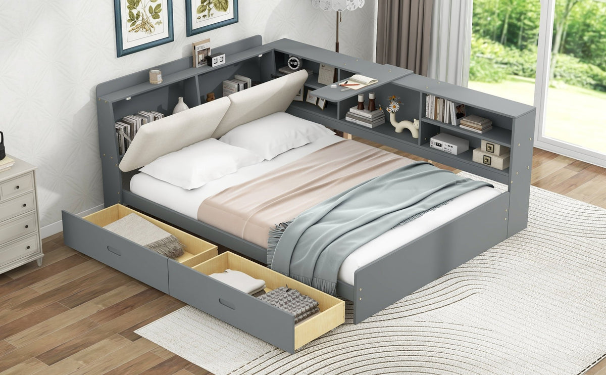 Solid wood platform bed with built-in storage from Anthony & Home, showcasing the sleek design and natural wood finish.