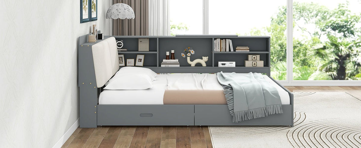 Solid wood platform bed with storage drawers by Anthony & Home, featuring a sleek, modern design and natural wood finish.