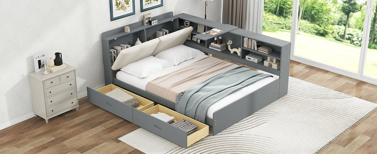 Anthony & Home limited edition solid wood platform bed with built-in storage, showcasing a sleek, modern design and natural wood finish.