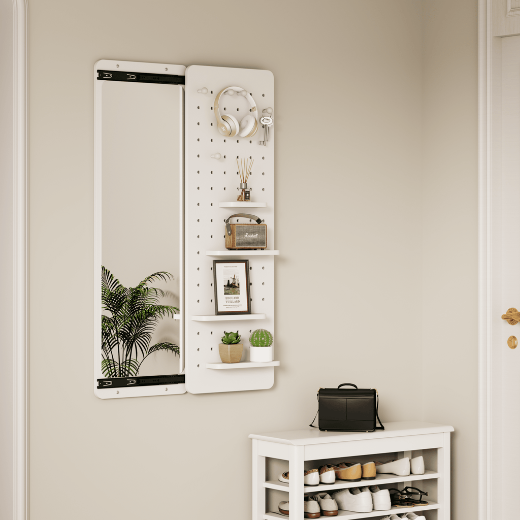 White rubber wood wall-mounted full-length mirror with shelf and hook from Anthony & Home, showcasing a modern, sleek design.