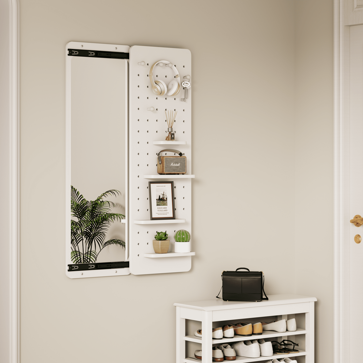 White rubber wood wall-mounted full-length mirror with shelf and hook from Anthony & Home, showcasing a modern, sleek design.
