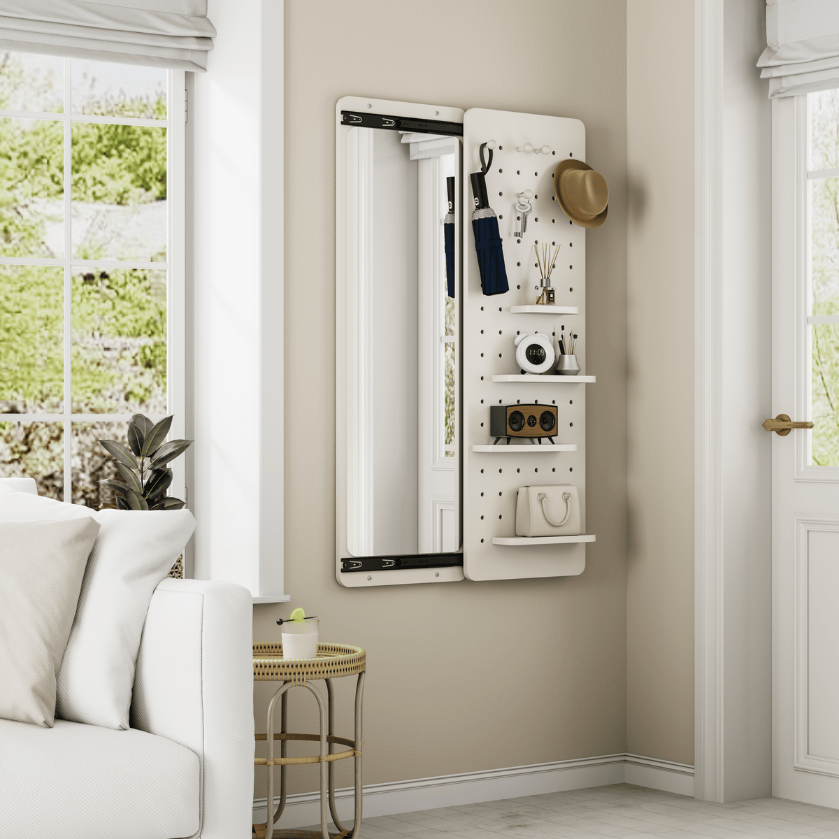 White rubber wood finish wall-mounted full-length mirror with shelf and hook, by Anthony & Home.