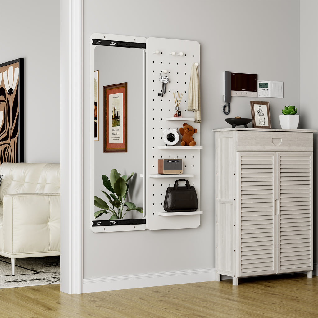 White rubber wood Anthony & Home wall-mounted full-length mirror with shelf and hook, modern design and functional storage.