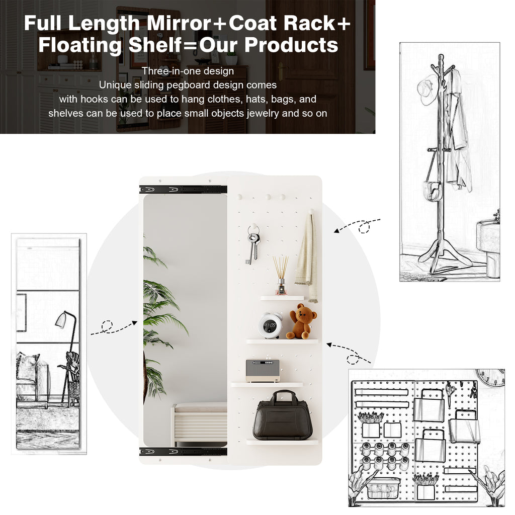 White rubber wood finished wall-mounted full-length mirror with shelf and hook, by Anthony & Home, showcasing modern home decor.