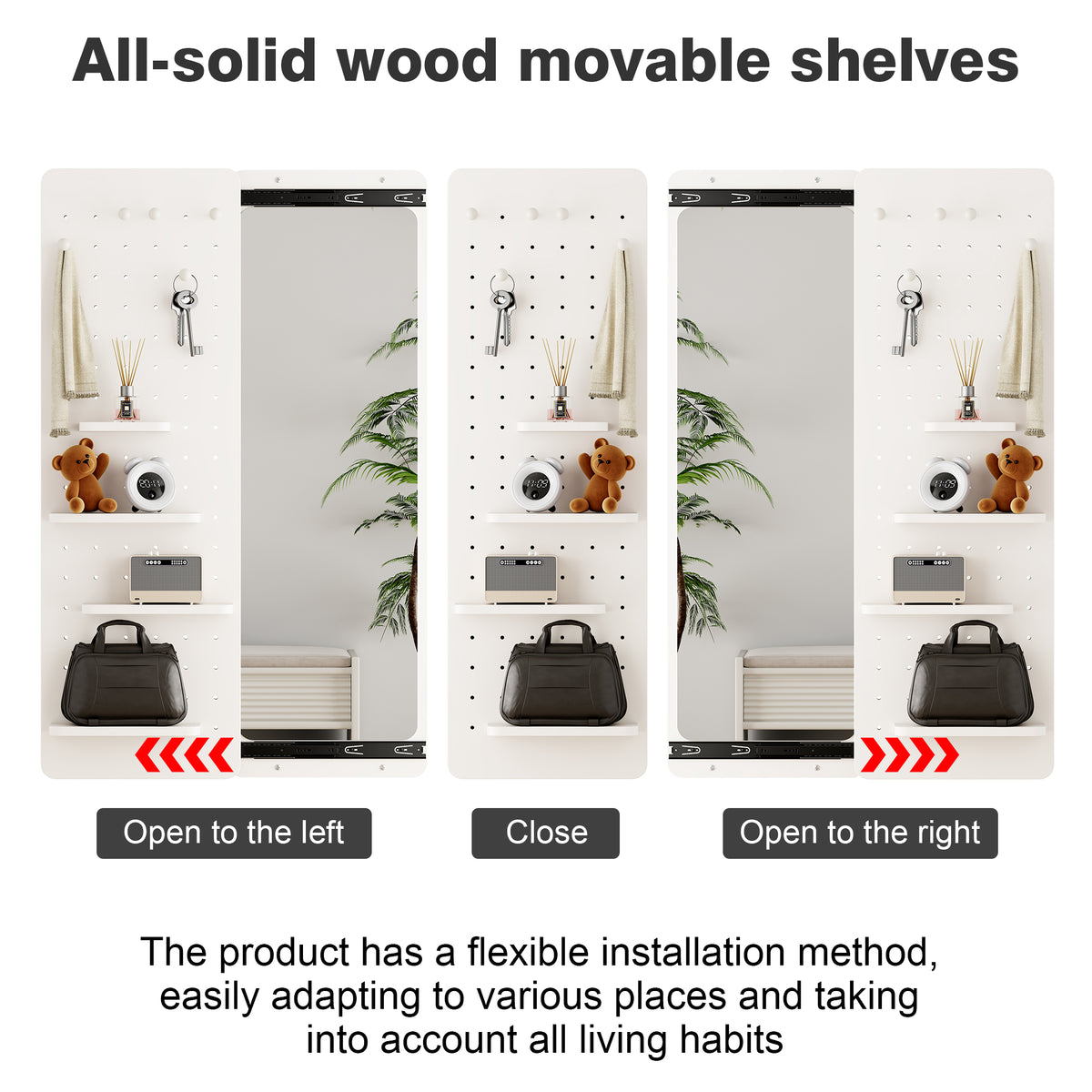 White rubber wood finish wall-mounted full-length mirror with shelf and hook by Anthony & Home, showcasing a sleek modern design.