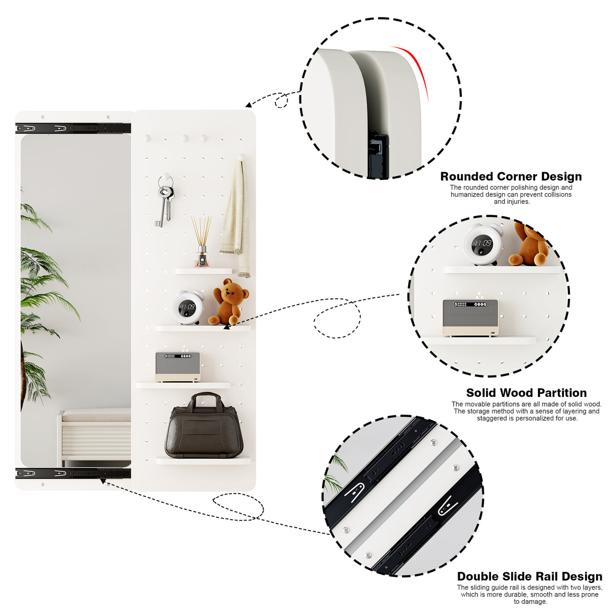 White rubber wood wall-mounted full-length mirror with shelf and hook, by Anthony & Home, featuring a sleek modern design.