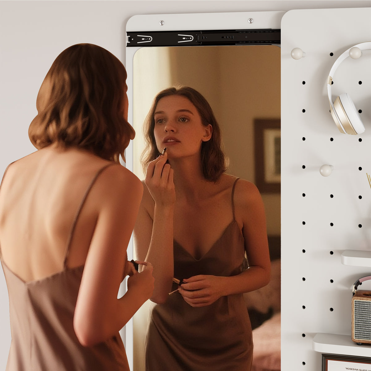 White rubber wood finish wall-mounted full-length mirror with shelf and hook by Anthony & Home, modern and functional home decor.