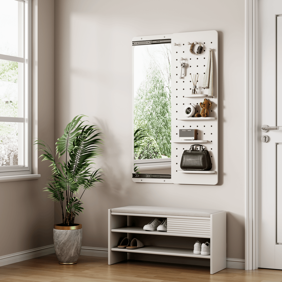 White rubber wood wall-mounted full-length mirror with shelf and hook, designed by Anthony & Home for stylish home decor.
