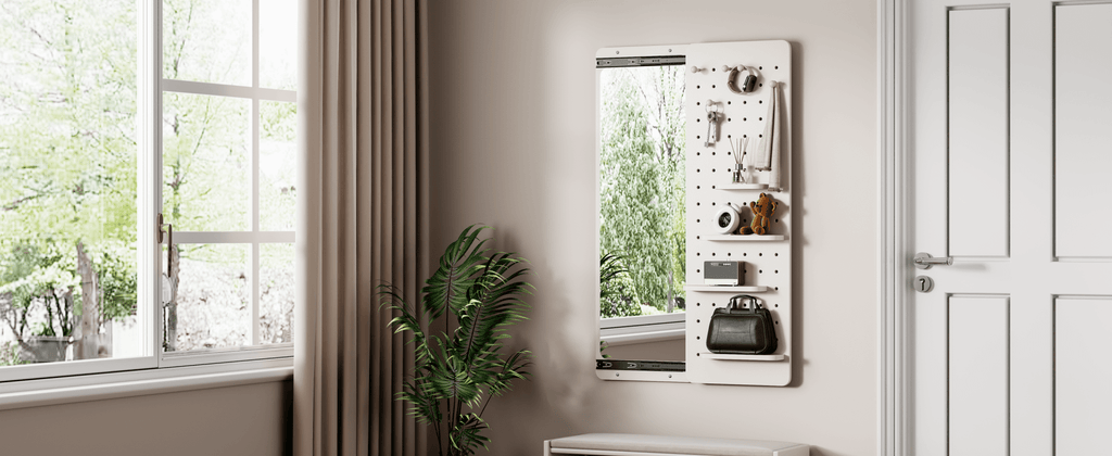 White rubber wood wall-mounted full-length mirror with shelf and hook, designed by Anthony & Home.