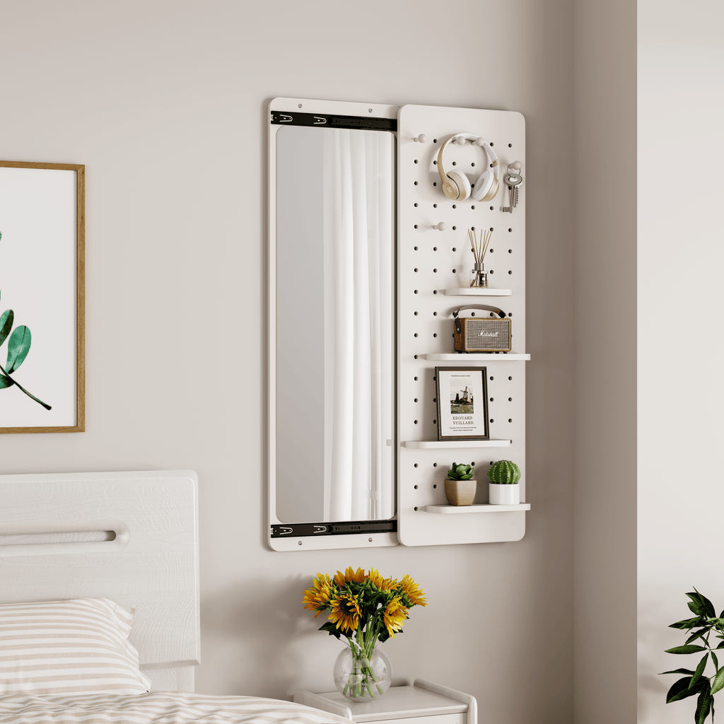 White rubber wood finish wall-mounted full-length mirror with shelf and hook by Anthony & Home, showcasing a sleek modern design.