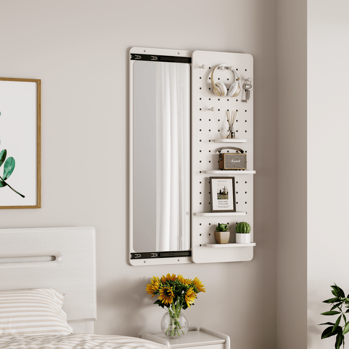 White rubber wood finish wall-mounted full-length mirror with shelf and hook by Anthony & Home, showcasing a sleek modern design.