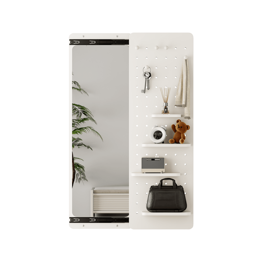 Wall-mounted full-length mirror with shelf and hook in white rubber wood finish by Anthony & Home, showcasing modern design and natural wood texture.