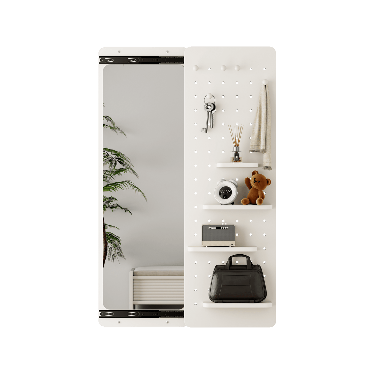 Wall-mounted full-length mirror with shelf and hook in white rubber wood finish by Anthony & Home, showcasing modern design and natural wood texture.