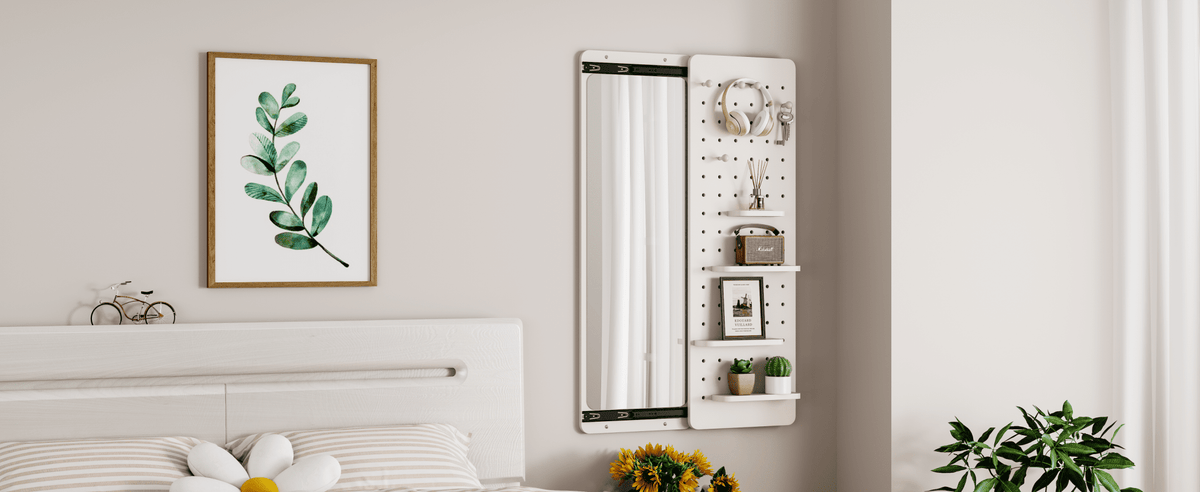 White rubber wood finish Anthony & Home limited edition wall-mounted full-length mirror with shelf and hook, modern and stylish.