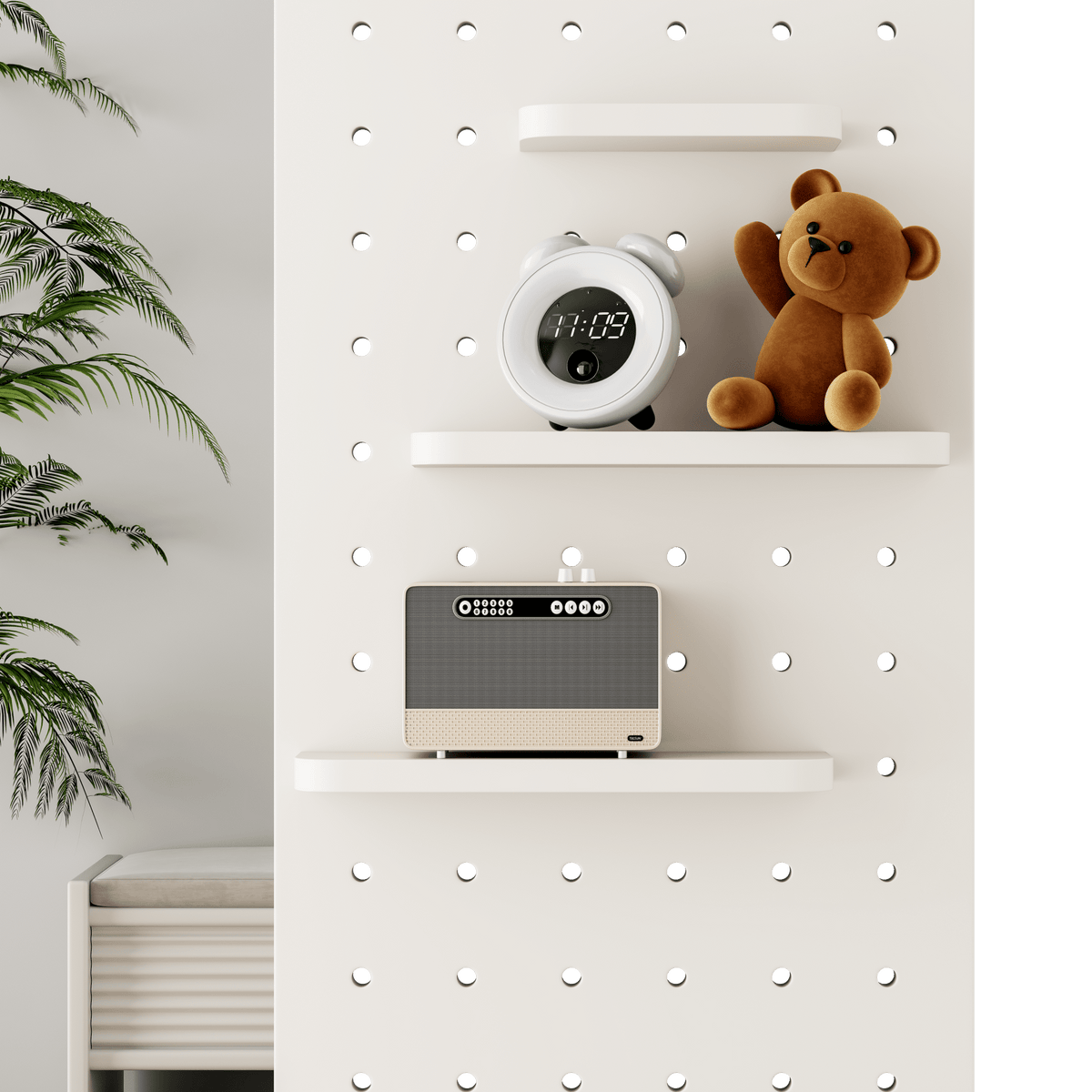 White rubber wood finish full-length wall-mounted mirror with shelf and hook by Anthony & Home, showcasing a sleek modern design.