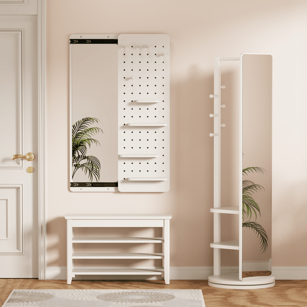 Anthony & Home white rubber wood wall-mounted full-length mirror with shelf and hook, modern and stylish home decor piece.
