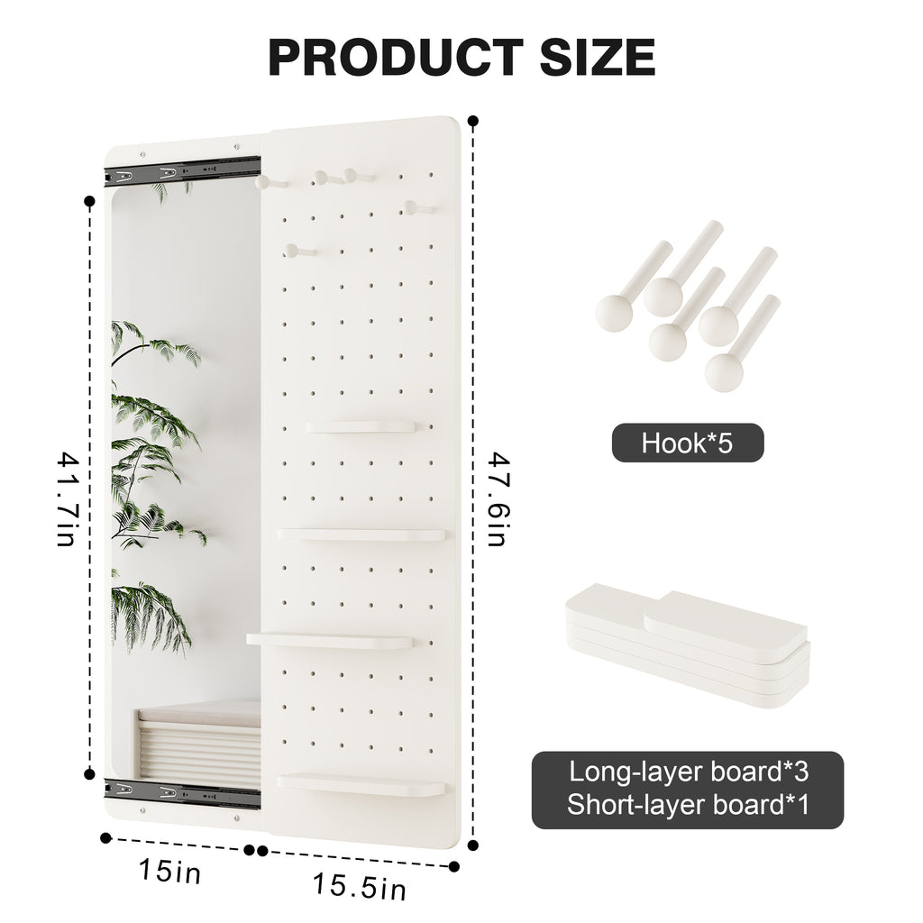 White rubber wood wall-mounted full-length mirror with shelf and hook, designed by Anthony & Home for stylish home decor.