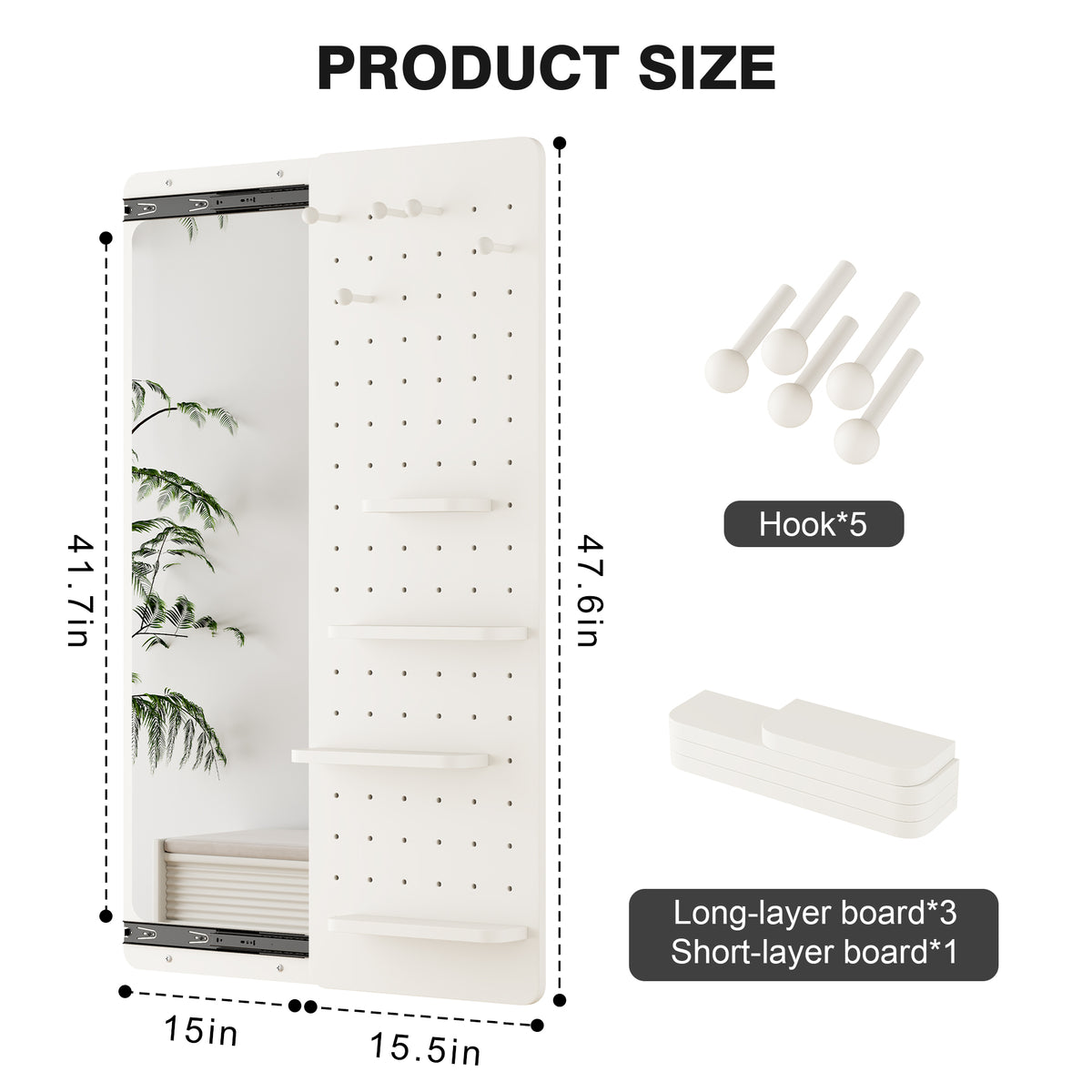 White rubber wood wall-mounted full-length mirror with shelf and hook, designed by Anthony & Home for stylish home decor.