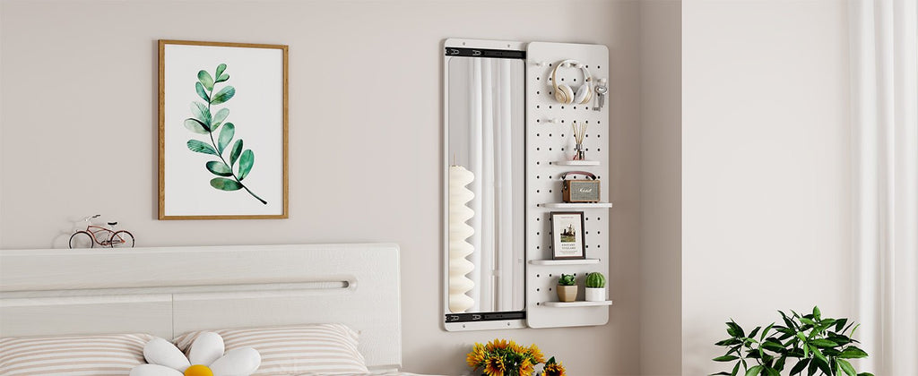 White rubber wood wall-mounted full-length mirror with shelf and hook, designed by Anthony & Home, in a modern limited edition style.
