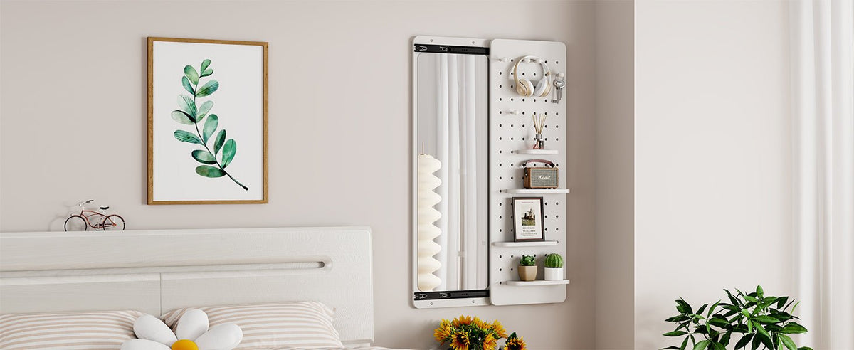 White rubber wood wall-mounted full-length mirror with shelf and hook, designed by Anthony & Home, in a modern limited edition style.