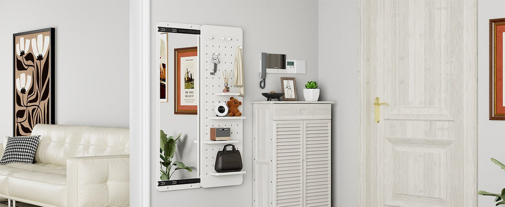 White rubber wood wall-mounted full-length mirror with shelf and hook, by Anthony & Home, showcasing a sleek modern design.