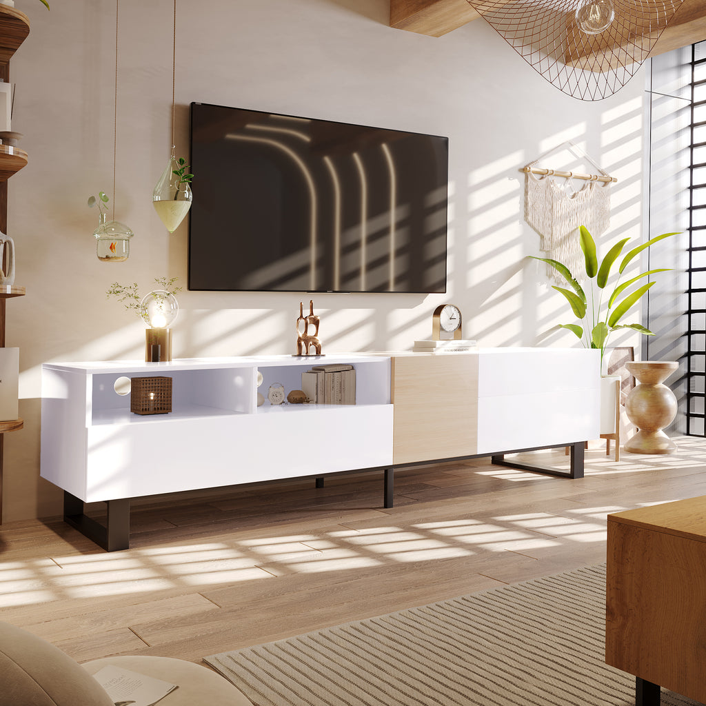 White lacquer TV stand with drop-down door from Anthony & Home, holds up to 80-inch TVs, modern design for contemporary living rooms.