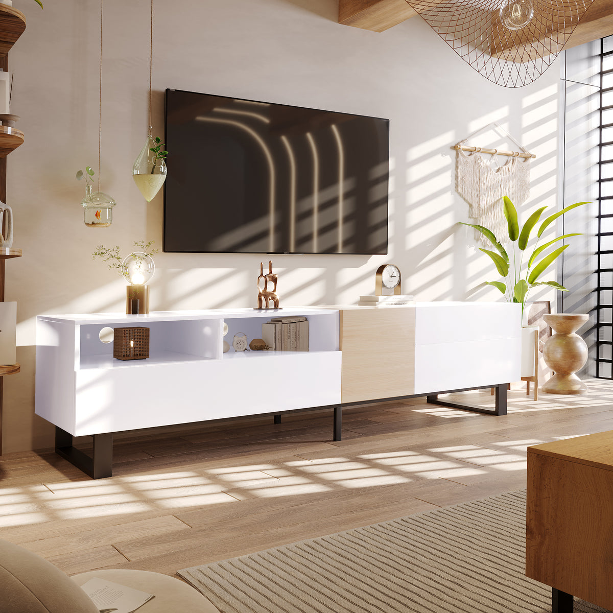 White lacquer TV stand with drop-down door from Anthony & Home, holds up to 80-inch TVs, modern design for contemporary living rooms.
