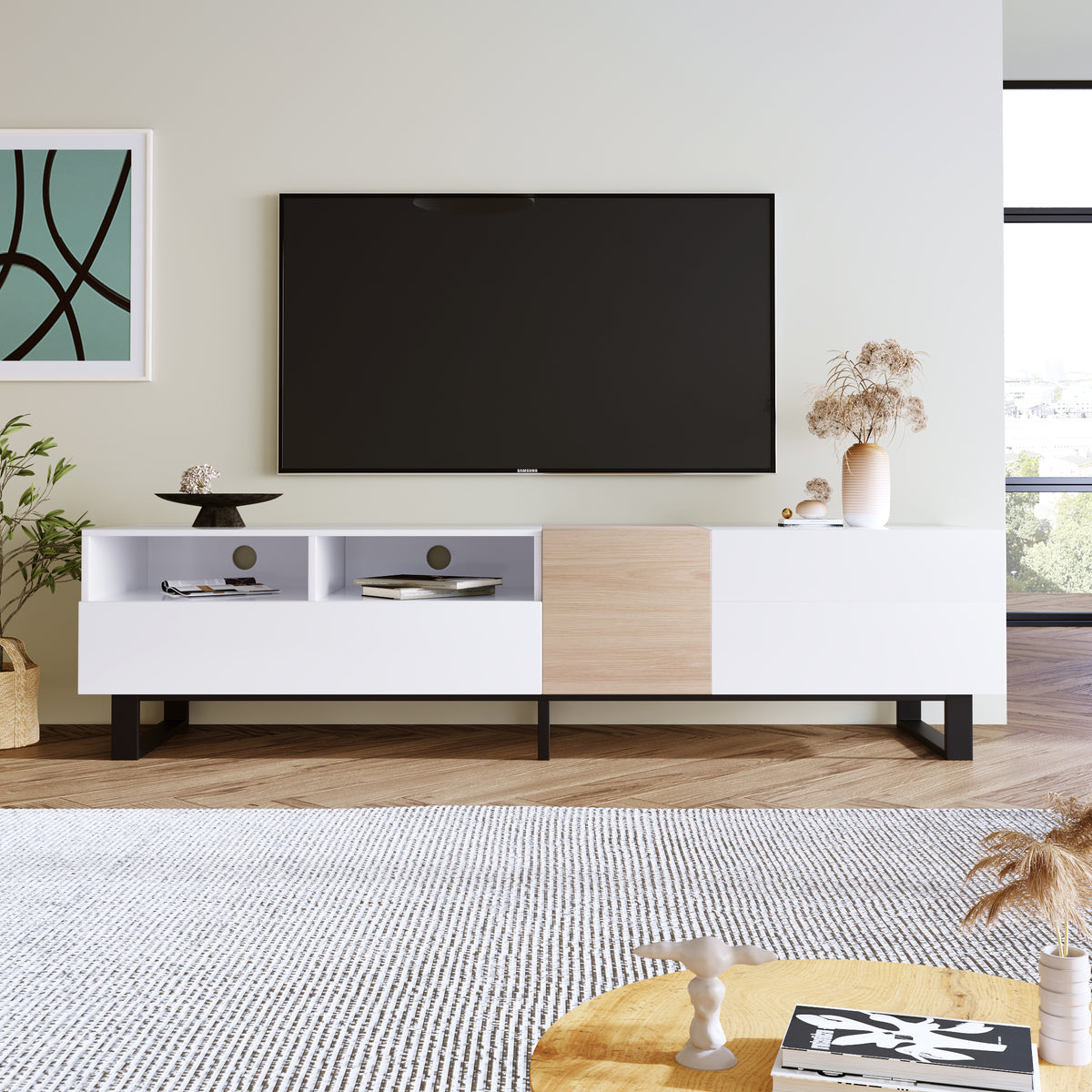 Anthony & Home white lacquer TV stand with drop-down door, modern design, suitable for 80-inch TVs in contemporary living rooms.