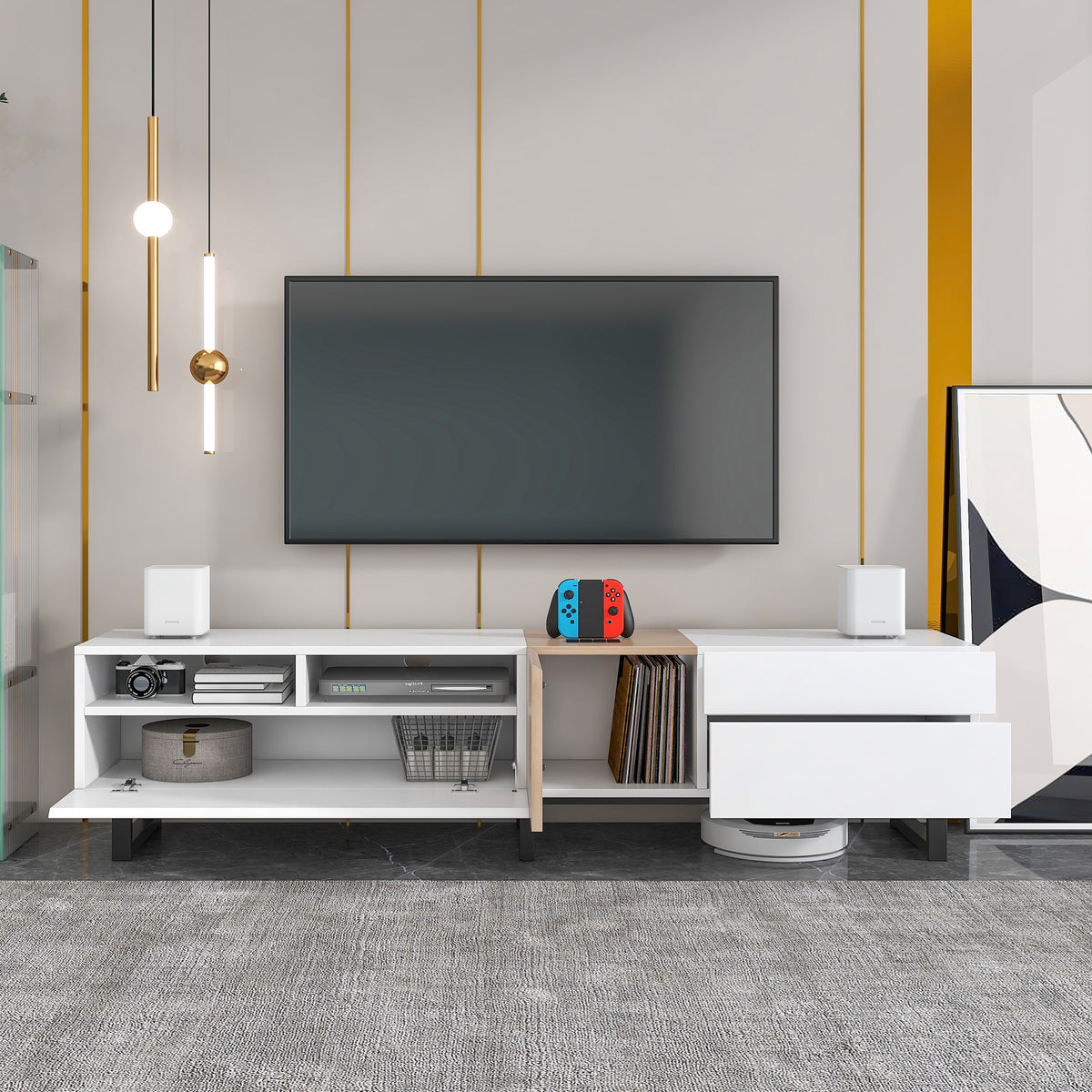 Anthony & Home white lacquer TV stand with drop-down door, holds up to 80-inch TVs, modern design for contemporary living rooms