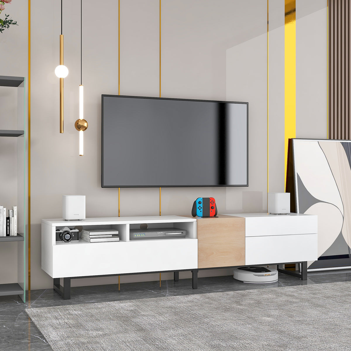 Anthony & Home limited edition white lacquer TV stand with drop-down door, perfect for contemporary living rooms and 80-inch TVs