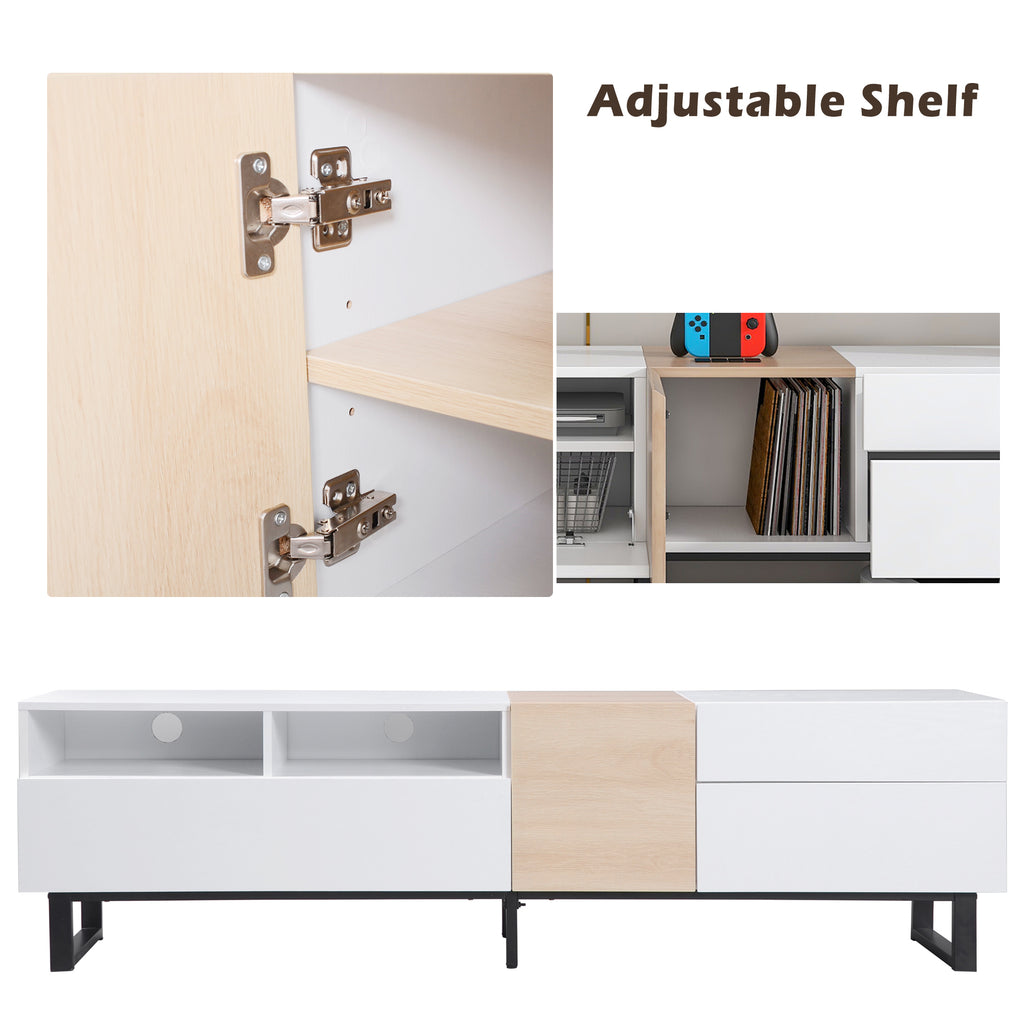 Anthony & Home white lacquer TV stand with drop-down door, suitable for 80-inch TVs in contemporary living rooms.