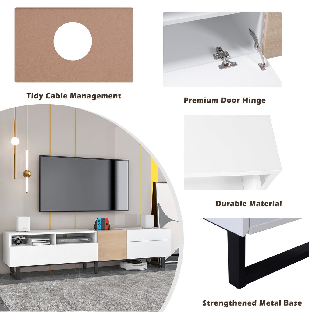 White lacquer TV stand by Anthony & Home with drop-down door, designed for 80-inch TVs in contemporary living room settings.