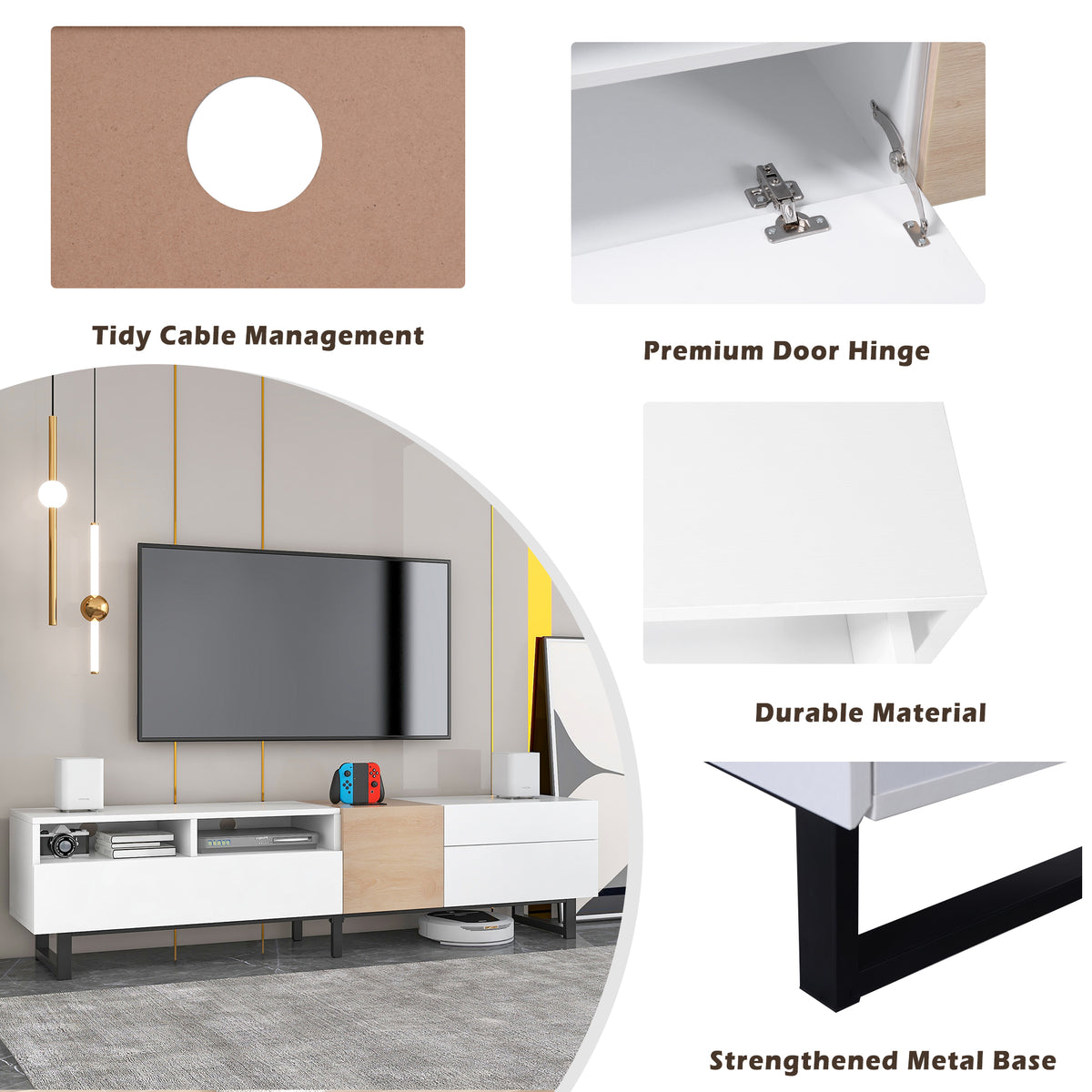 White lacquer TV stand by Anthony & Home with drop-down door, designed for 80-inch TVs in contemporary living room settings.