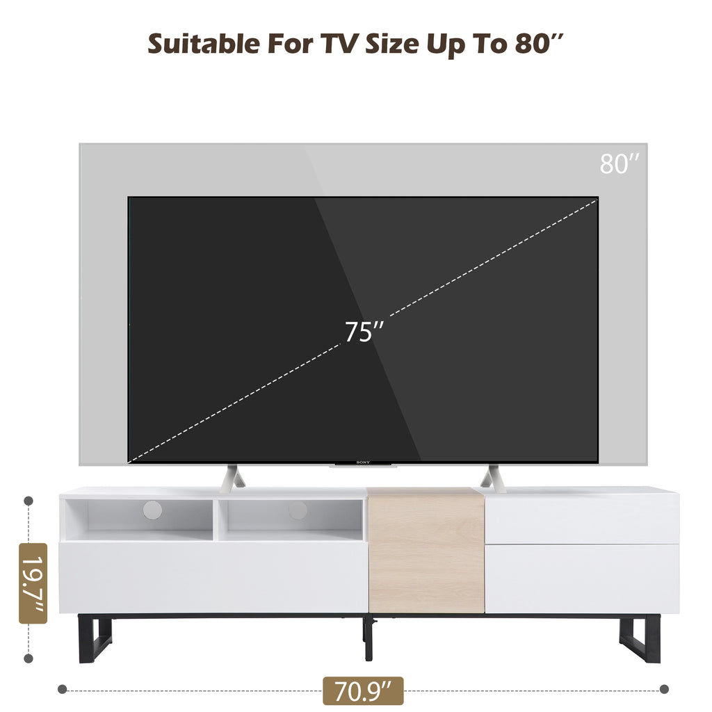 Anthony & Home white lacquer TV stand with drop-down door, holds up to 80-inch TVs, modern design for contemporary living rooms