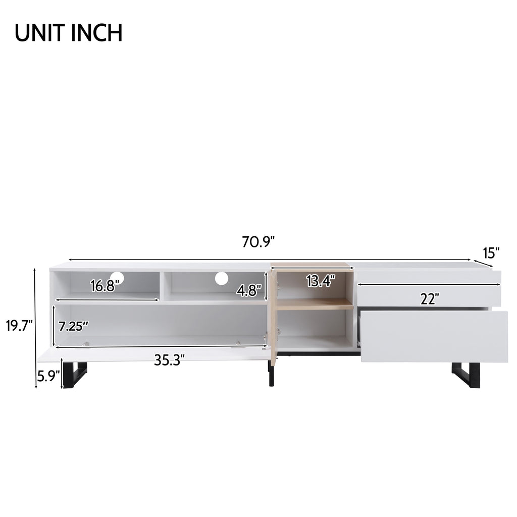 White lacquer TV stand by Anthony & Home with drop-down door, designed for contemporary living rooms, supports up to 80-inch TVs.
