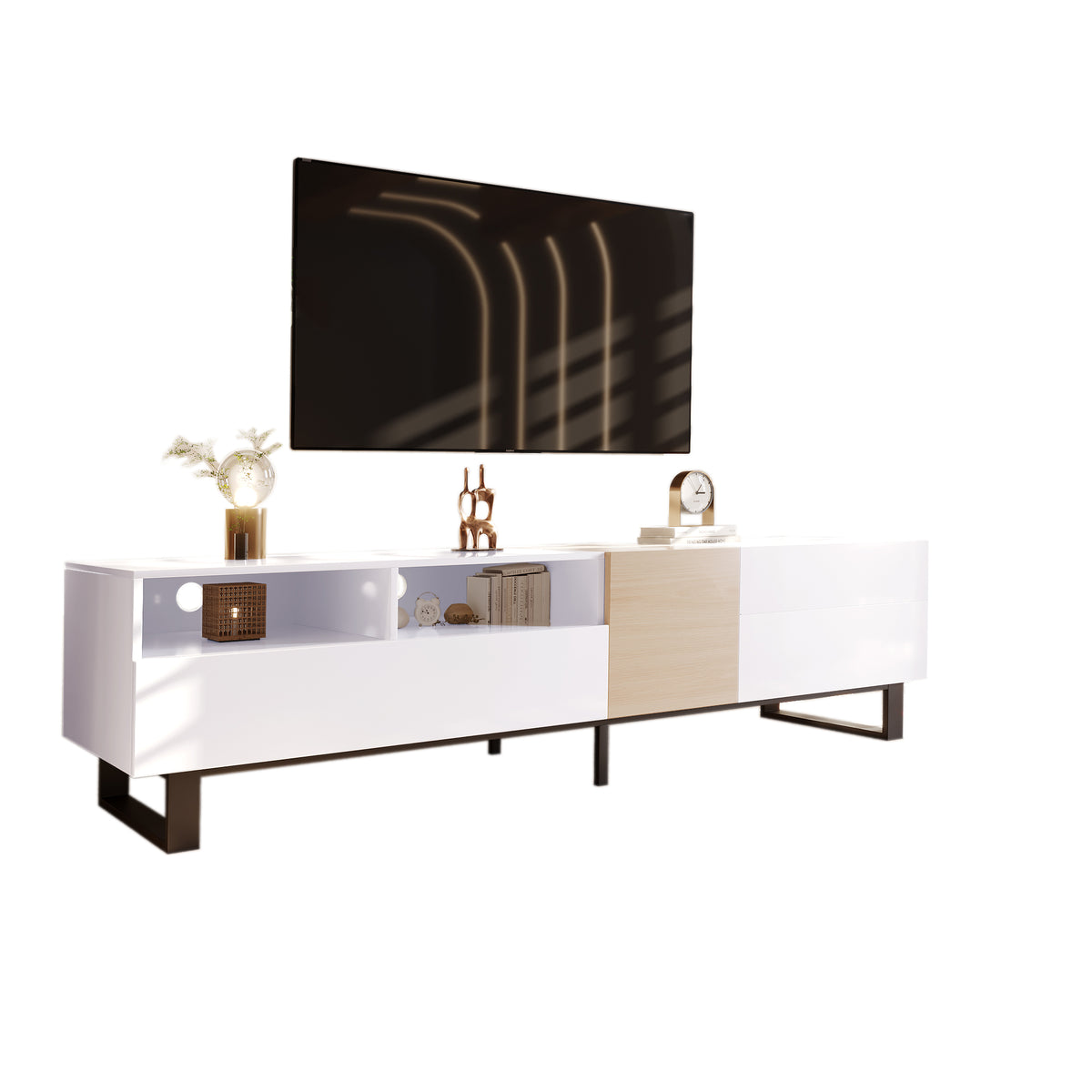 White lacquer TV stand with drop-down door by Anthony & Home, designed for 80-inch TVs, perfect for modern living rooms.
