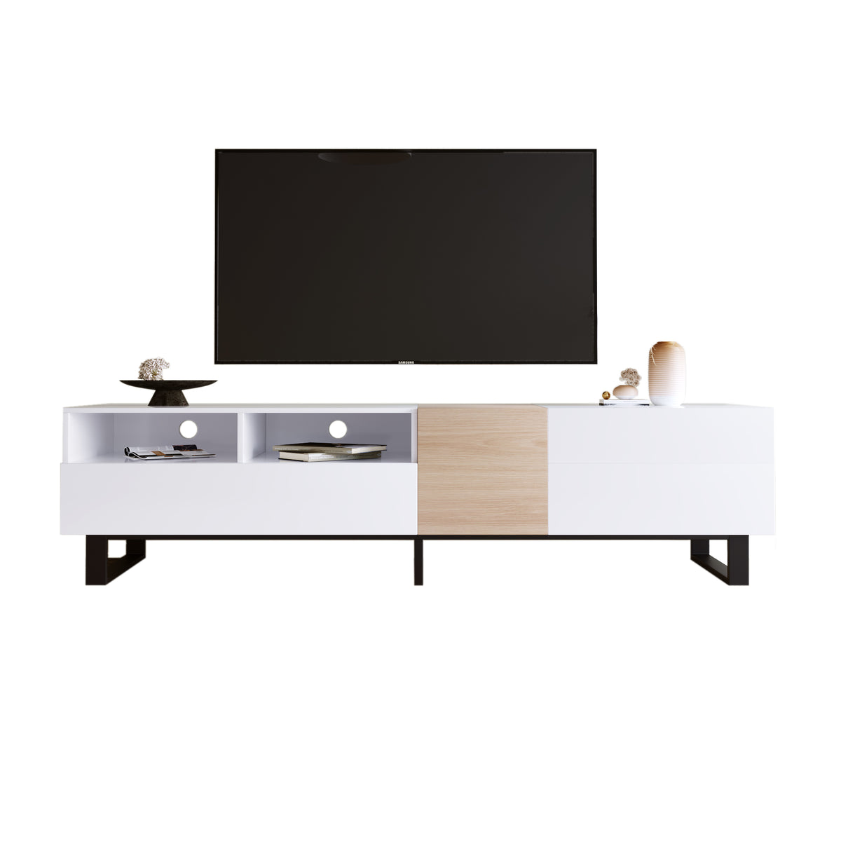White lacquer TV stand with drop-down door, contemporary design by Anthony & Home, suitable for 80-inch TVs in modern living rooms.