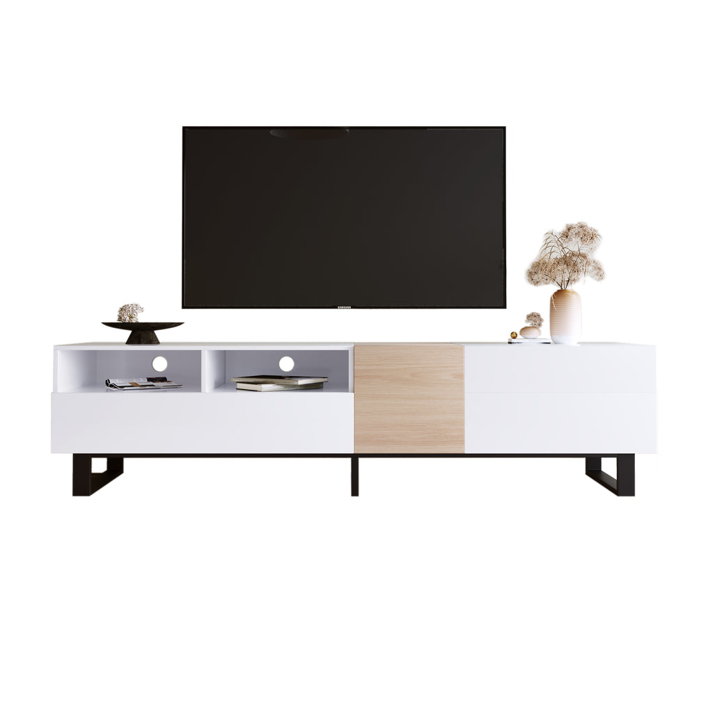Anthony & Home white lacquer TV stand with drop-down door, designed for contemporary living rooms, supports up to 80-inch TVs.